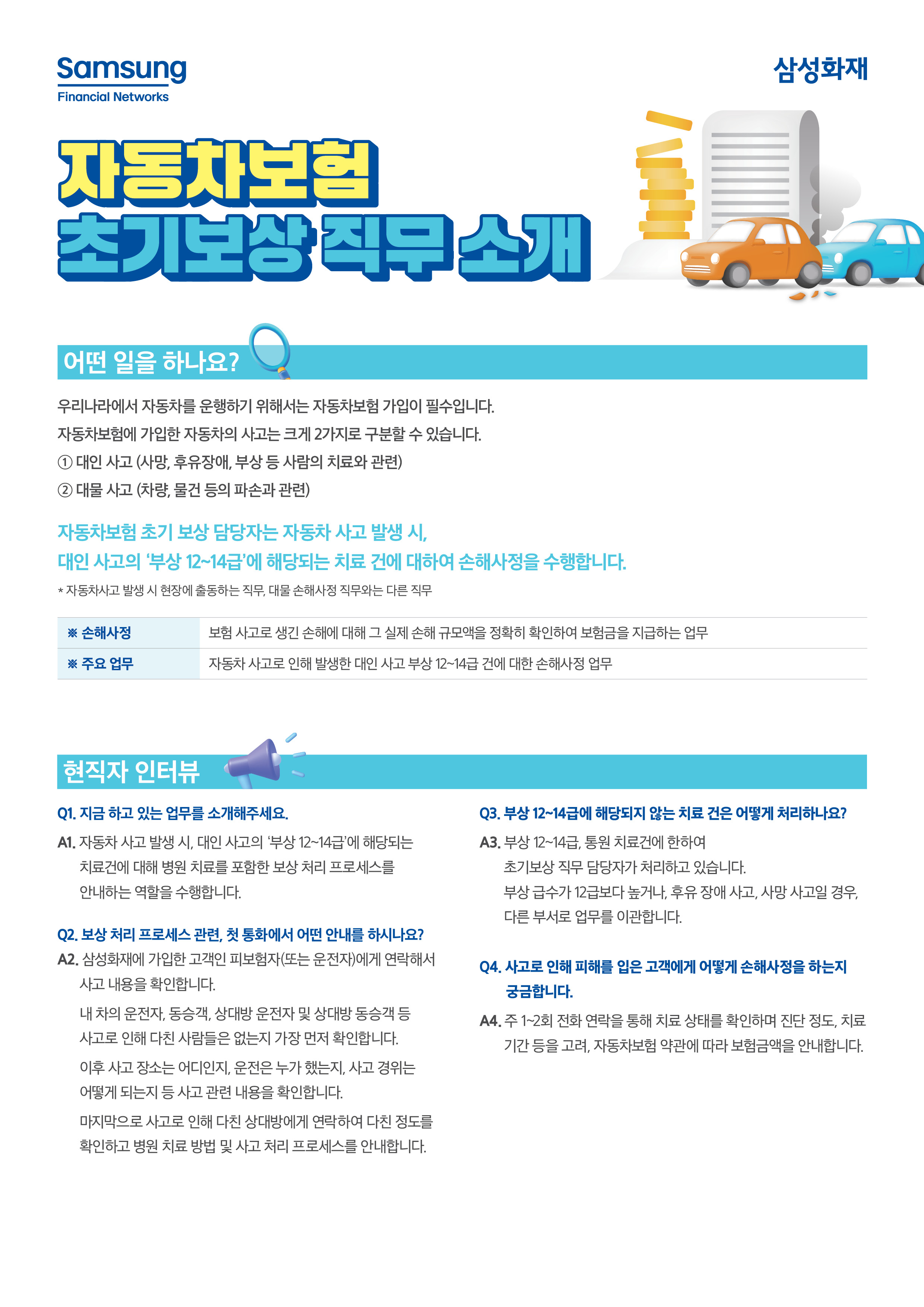 Samsung Financial Networks  삼성화재  자동차보험 초기보상직무 소개  어떤 일을 하나요?  우리나라에서 자동차를 운행하기 위해서는 자동차보험 가입이 필수입니다. 자동차보험에 가입한 자동차의 사고는 크게 2가지로 구별될 수 있습니다.  1. 대인 사고 (사망, 후유장애, 부상 등 사람의 치료와 관련) 2. 대물 사고 (차량, 물건 등 파손과 관련)  자동차보험 초기 보상 담당자는 자동차 사고 발생 시, 대인 사고의 '부상 12~14급'에 해당되는 건에 대하여 손해사정을 수행합니다.  자동차사고 시 현장에 출동하는 직무, 대물 손해사정 직무와는 다른 직무  손해사정: 보험 사고로 생긴 손해에 대한 그 실제 손해의 규모를 정확히 확인하여 보험금을 지급하는 업무 주요 업무: 자동차 사고로 인해 발생한 대인 사고 부상 12~14급 건에 대한 손해사정 업무  현직자 인터뷰  Q1. 지금 하고 있는 업무를 소개해주세요. A1. 자동차 사고 발생 시, 대인 사고의 부상 12~14급에 해당되는 치료비에 대해 병원 치료를 포함한 보상 처리 프로세스를 안내하는 역할을 수행합니다.  Q2. 보상 처리 프로세스 관련, 첫 통화에서 어떤 대화를 하시나요? A2. 삼성화재에 가입한 고객인 피해자(또는 운전자)에게 연락해서 사고 내용을 확인합니다.  내 차의 운전자, 동승자, 상대방 운전자 및 상대방 동승객 등 사고로 인해 다친 사람들은 없었는지 먼저 확인합니다. 이후 장소는 어디인지, 운전은 누가 했는지, 사고 경위는 어떻게 되는지 등 사고 관련 내용을 상세히 확인합니다. 마지막으로 사고로 인해 다친 상대방에게 연락하여 다친 정도를 확인하고 병원 치료 방법 및 사고 처리 프로세스를 안내합니다.  Q3. 부상 12~14급에 해당되지 않는 건은 어떻게 처리하나요? A3. 부상 12~14급, 통원 치료건에 한하여 초기보상 직무 담당자가 처리하고 있습니다. 부상 급수가 12급보다 높거나, 후유 장애 사고, 사망 사고일 경우, 다른 부서로 업무를 이관합니다.  Q4. 사고로 인해 피해를 입은 고객에게 어떻게 손해사정을 하는지 궁금합니다. A4. 주 1~2회 연락을 통해 치료 상태를 진단 정도, 치료 기간 등을 고려, 자동차보험 약관에 따라 보험금을 지급합니다.