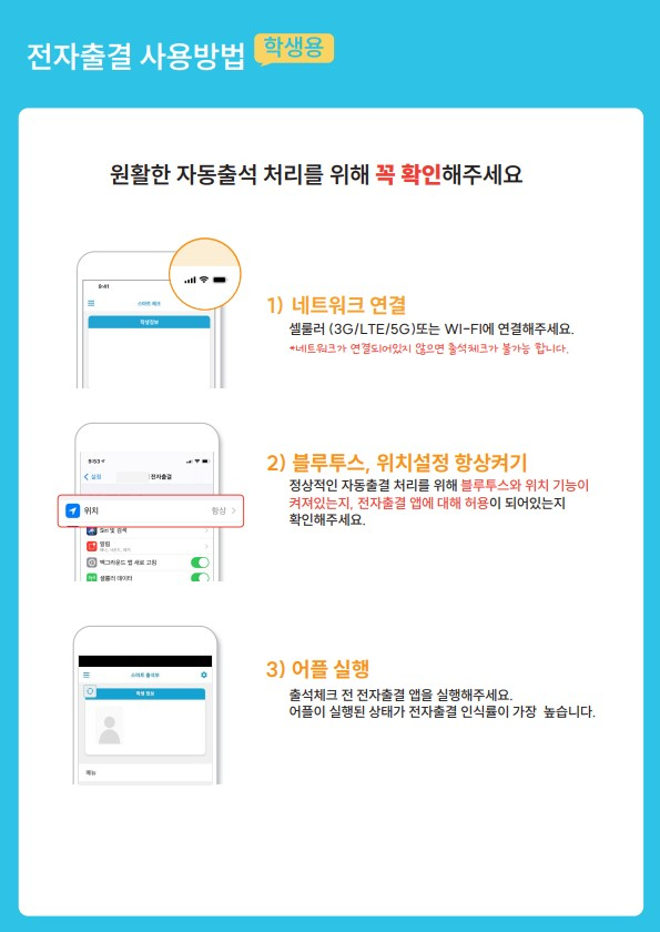 전자출결 사용방법(학생용)  원활한 자동출석 처리를 위해 꼭 확인해주세요 1) 네트워크 연결 셀룰러 (3G/LTE/5G) 또는 WI-FI에 연결해주세요. *네트워크가 연결되어 있지 않으면 출석체크가 불가능 합니다.  2) 블루투스, 위치설정 향상켜기 정상적인 자동출결 처리를 위해 블루투스와 위치 기능이 켜져있는지, 전자출결 앱에 대해 허용이 되어있는지 확인해주세요.  3)어플 실행 출석체크 전 전자출결 앱을 싱행해주세요. 어플이 실행된 상태가 전자출결 인식률이 가장 높습니다.